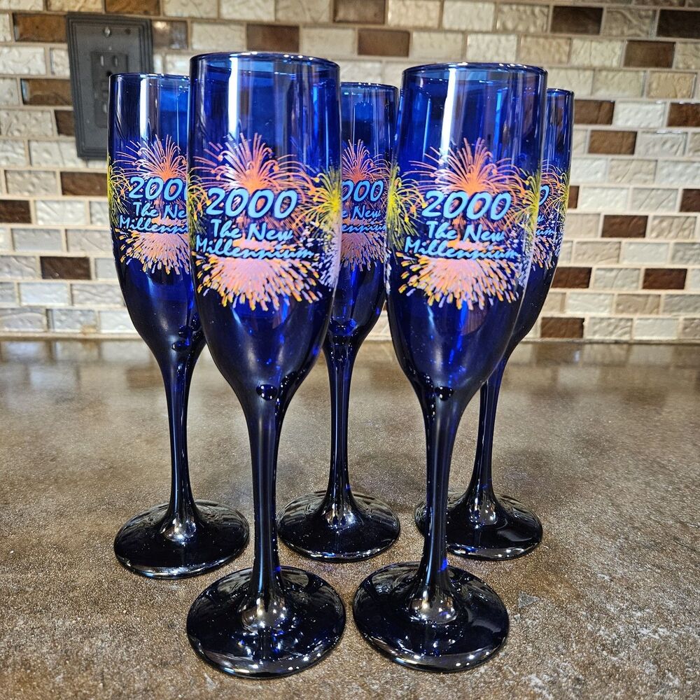 2 Vintage Champagne Flutes 2000 The New Millennium Cobalt Blue Embossed Glasses